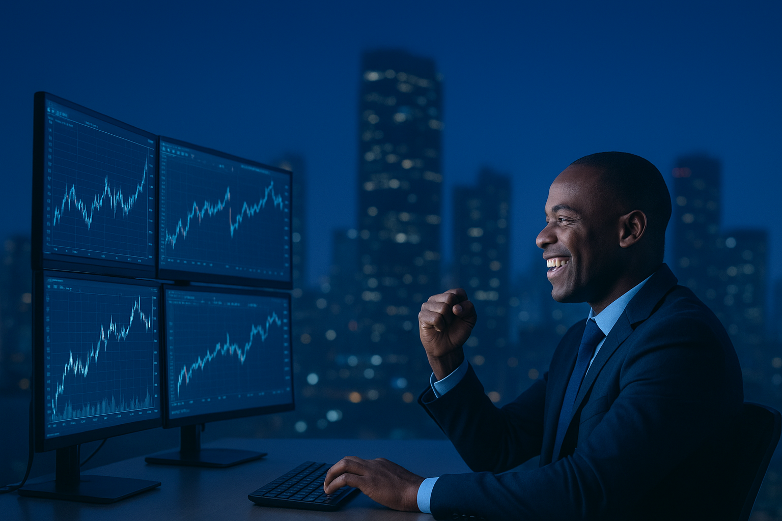 A happy man in his thirties throwing a fist up while looking at the trading charts